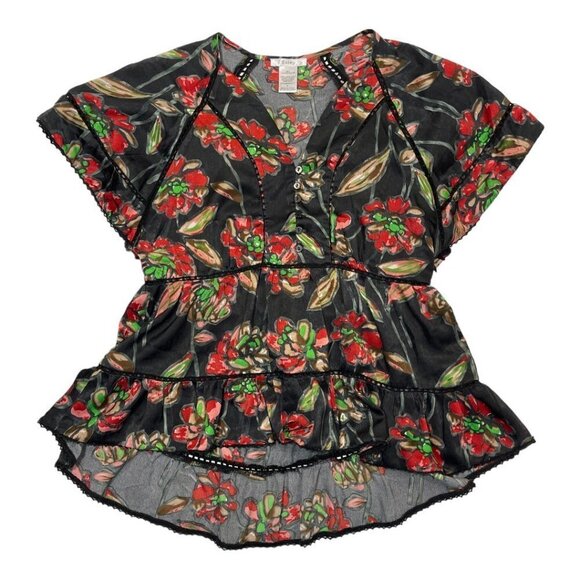 ESLEY Boho Casual Cinch-Waist Floral Top Large Black Multicolor Hi-Lo Baby-Doll - Picture 5 of 13